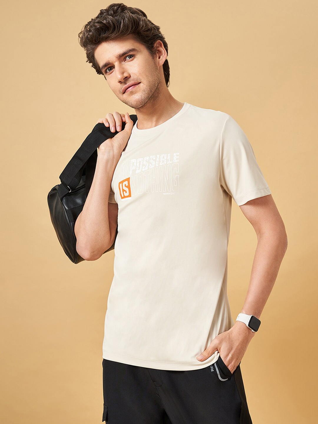 

Ajile by Pantaloons Typography Printed Round Neck Short Sleeves Slim Fit T-shirt, Beige