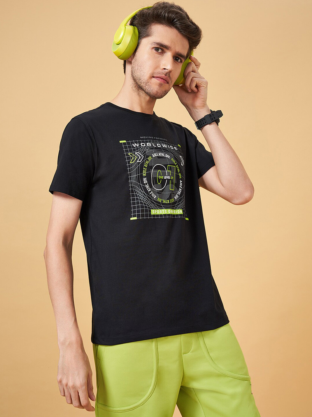 

Ajile by Pantaloons Typography Printed Round Neck Short Sleeves Cotton Slim Fit T-shirt, Black