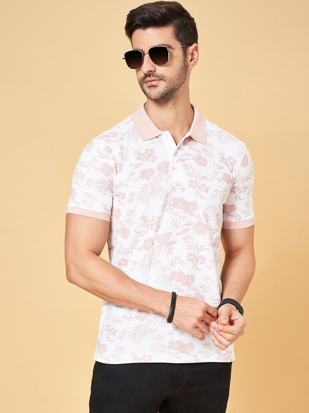 

BYFORD by Pantaloons Printed Polo Collar Short Sleeves Cotton Slim Fit T-shirt, Pink