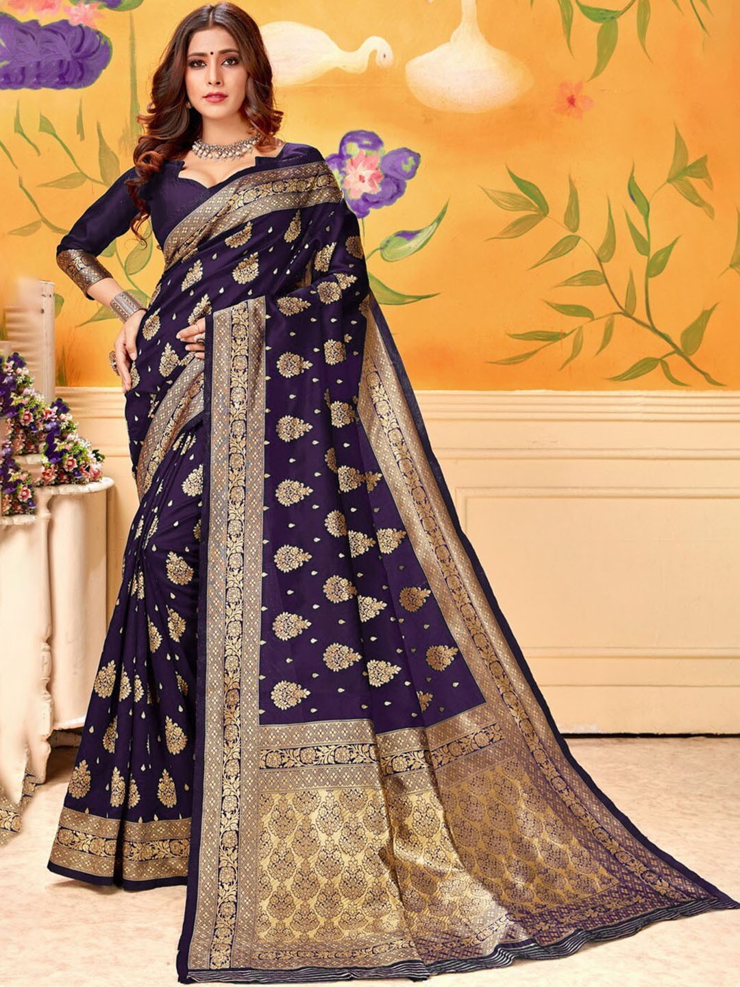 

Glorisa Woven Design Zari Pure Silk Tussar Saree, Purple