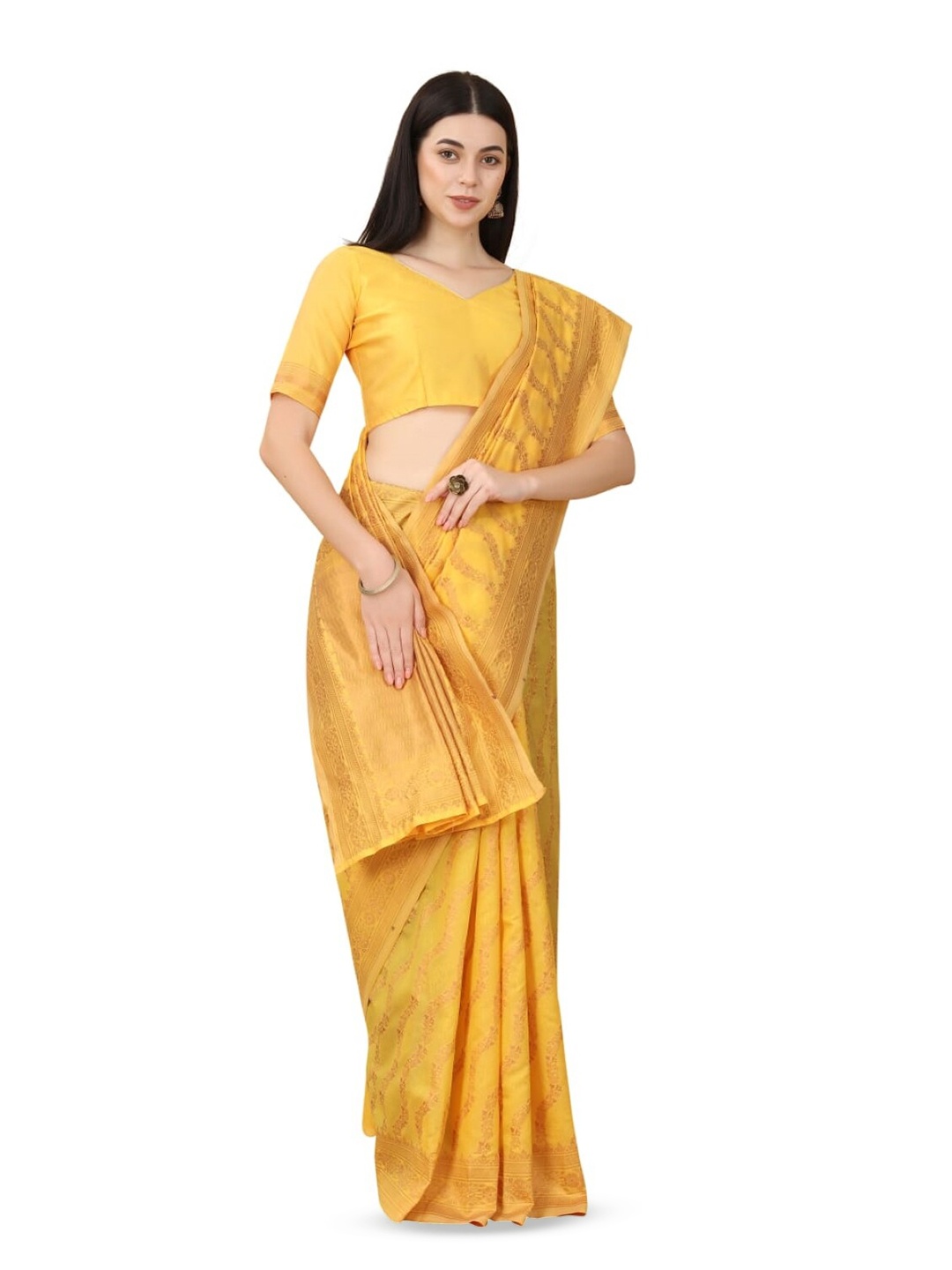 

Glorisa Ethnic Motifs Zari Woven Design Pure Silk Saree, Yellow