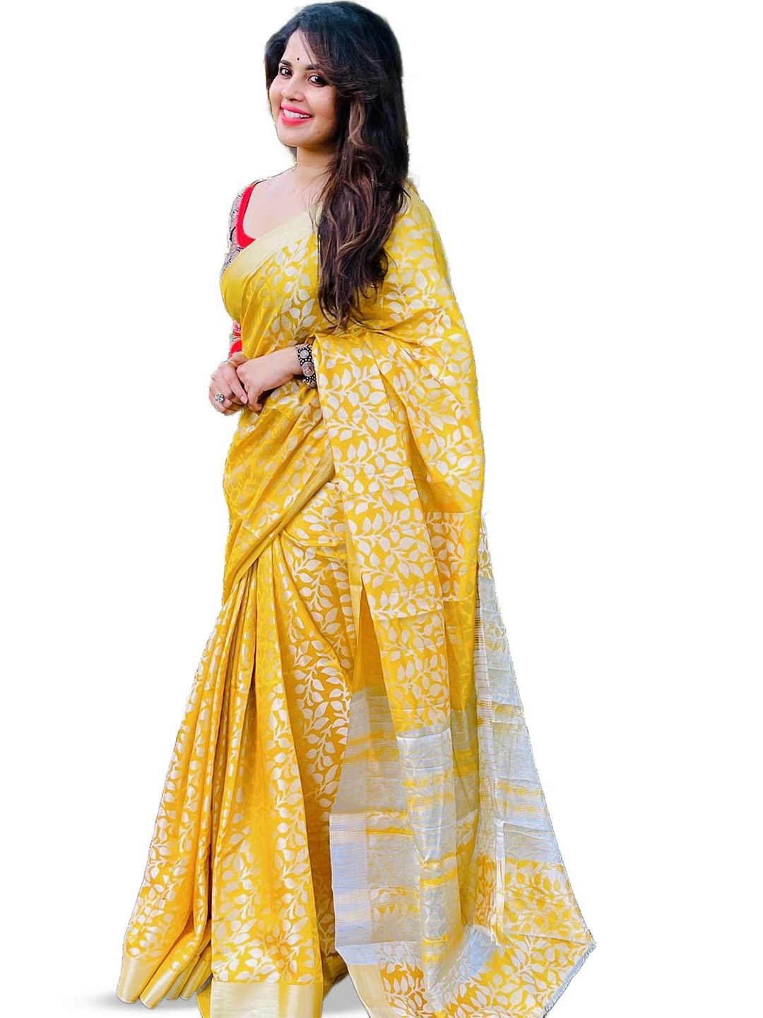 

Glorisa Ethnic Motifs Woven Design Zari Pure Silk Kanjeevaram Saree, Yellow