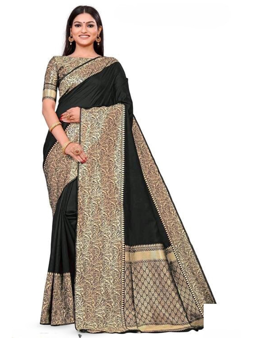 

Glorisa Ethnic Motifs Zari Pure Silk Kanjeevaram Saree, Black