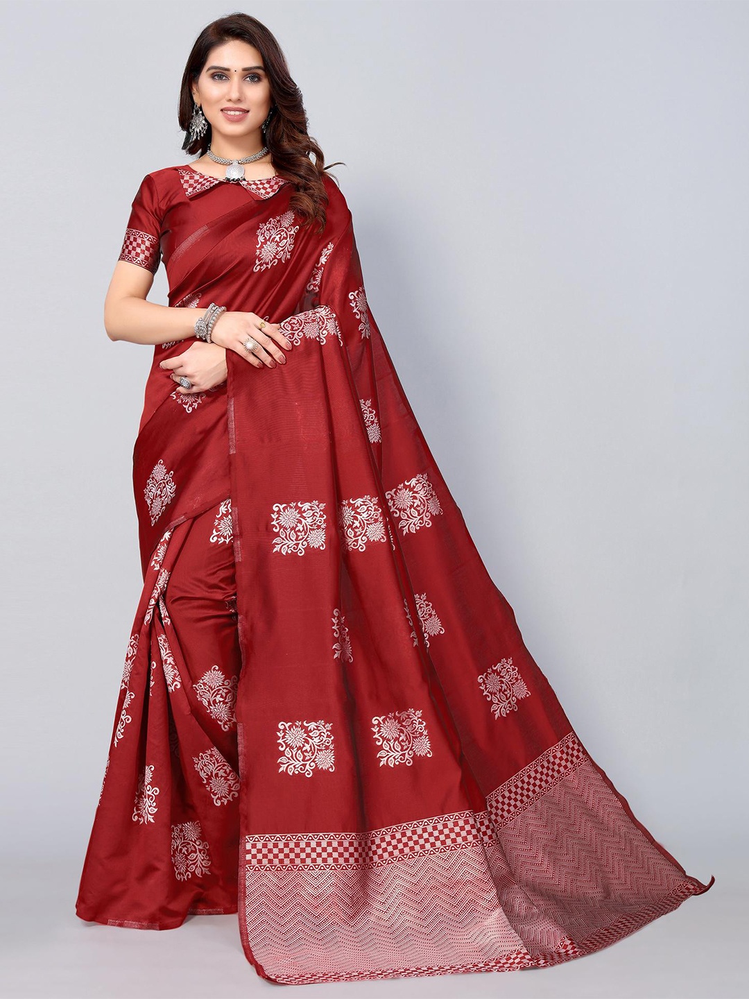

Glorisa Ethnic Motifs Woven Design Pure Silk Kanjeevaram Saree, Red