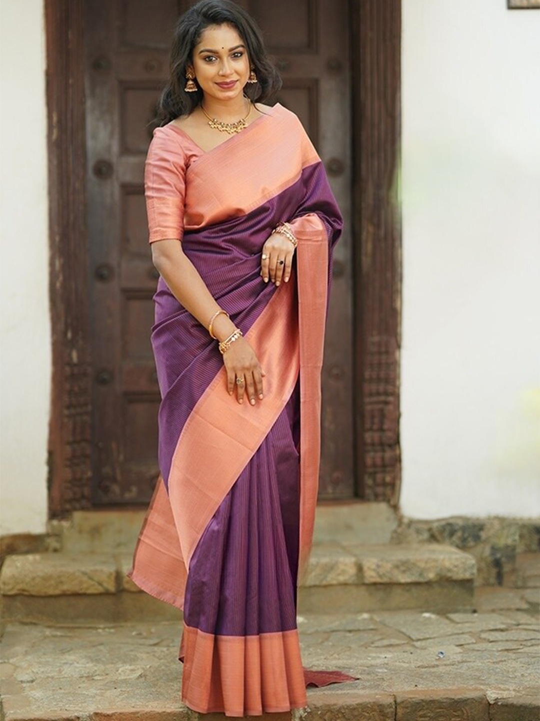 

Glorisa Striped Zari Woven Design Pure Silk Paithani Saree, Purple