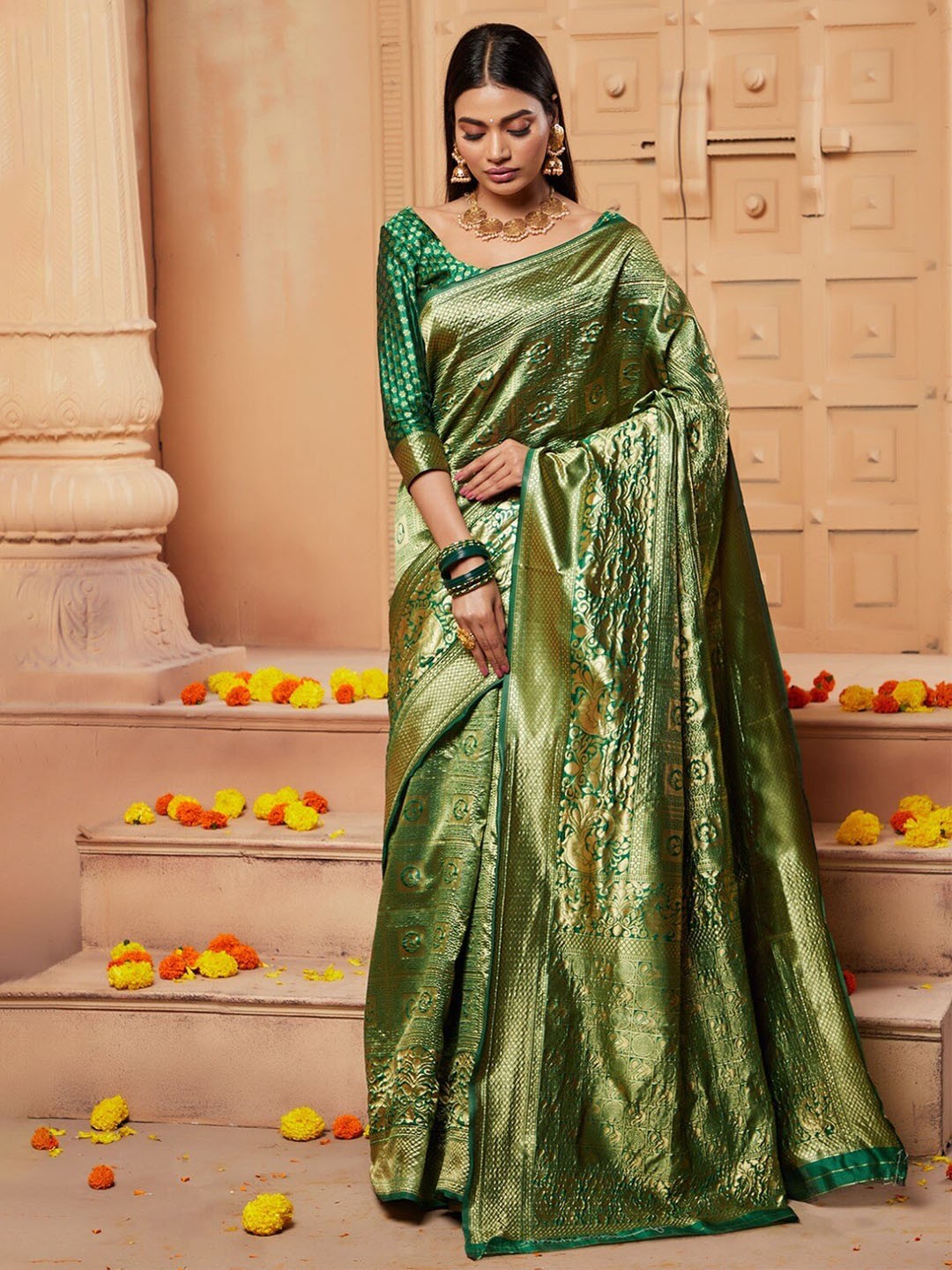 

Glorisa Ethnic Motifs Zari Woven Design Pure Silk Tussar Saree, Green