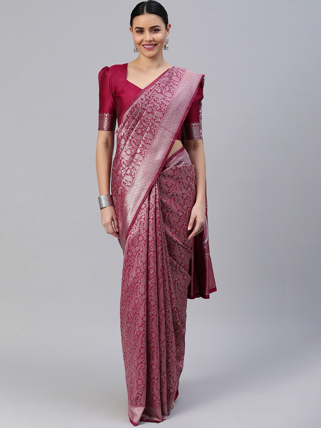

Glorisa Paisley Woven Design Zari Pure Silk Kanjeevaram Saree, Maroon