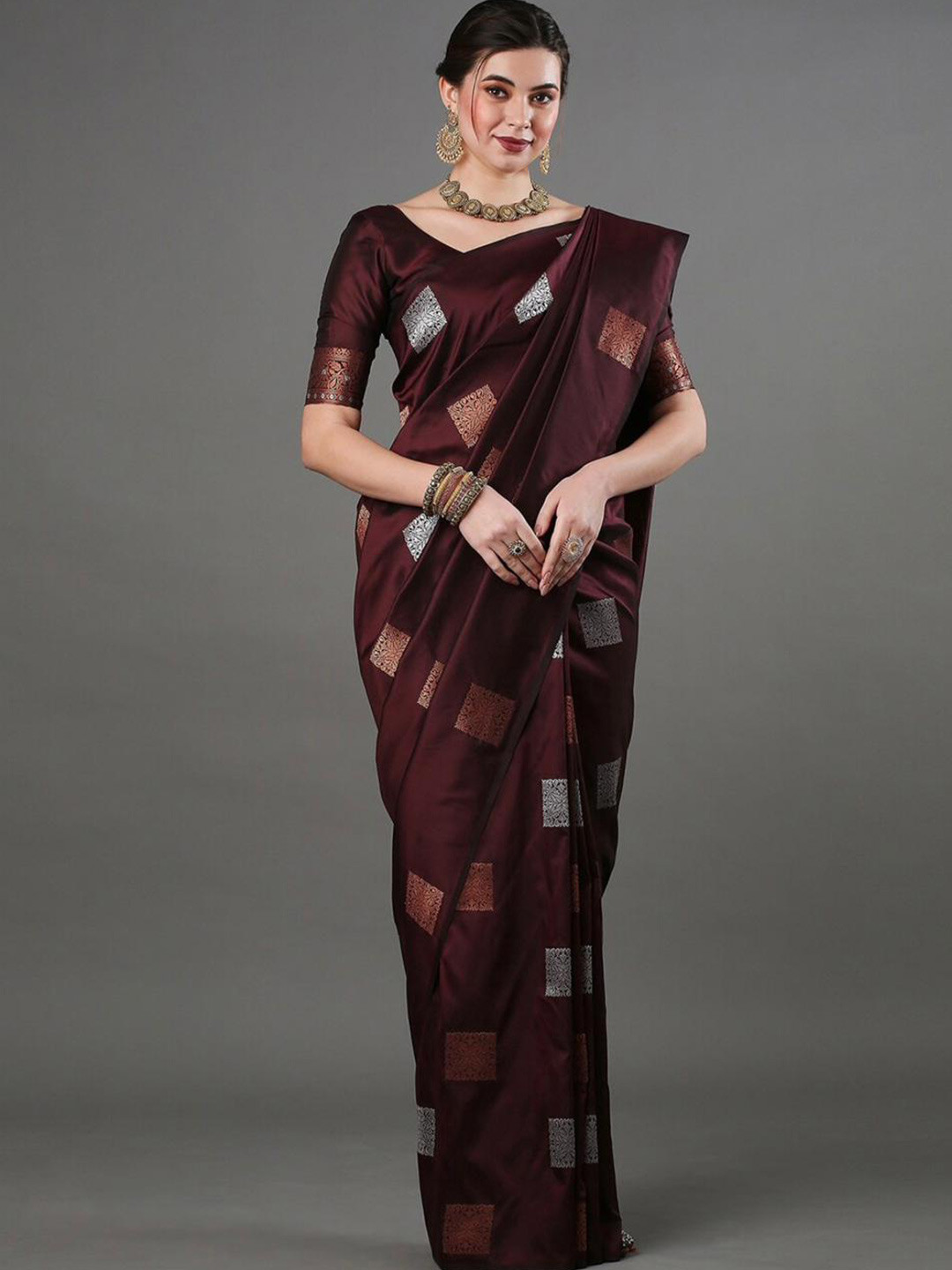 

Glorisa Geometric Woven Design Zari Pure Silk Kanjeevaram Saree, Maroon
