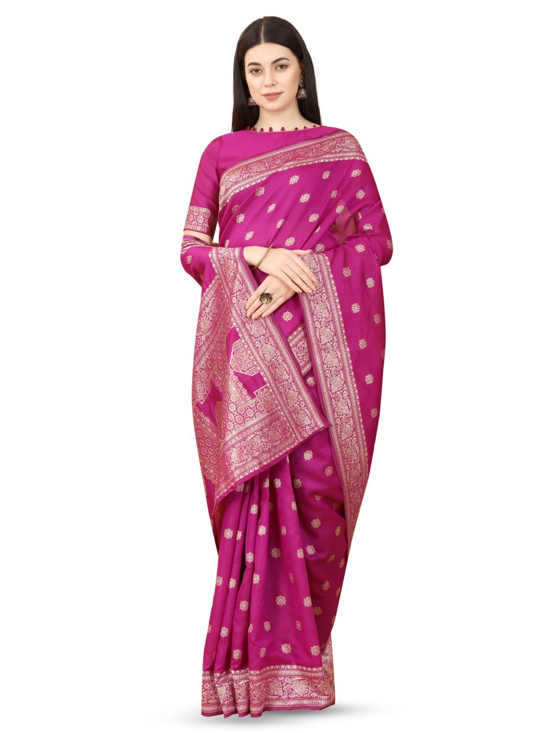 

Glorisa Floral Zari Pure Silk Tussar Saree, Pink