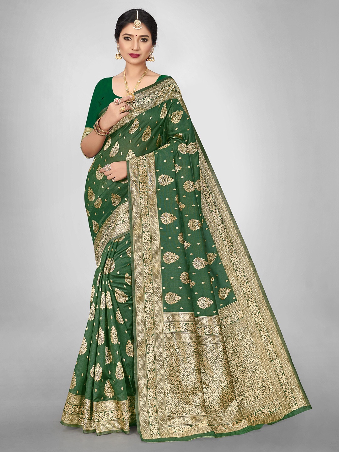 

Glorisa Ethnic Motifs Zari Pure Silk Paithani Saree, Green