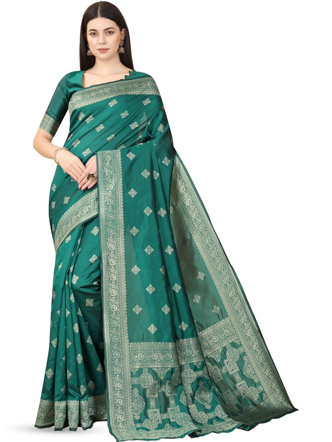 

Glorisa Ethnic Motifs Zari Pure Silk Tussar Saree, Green