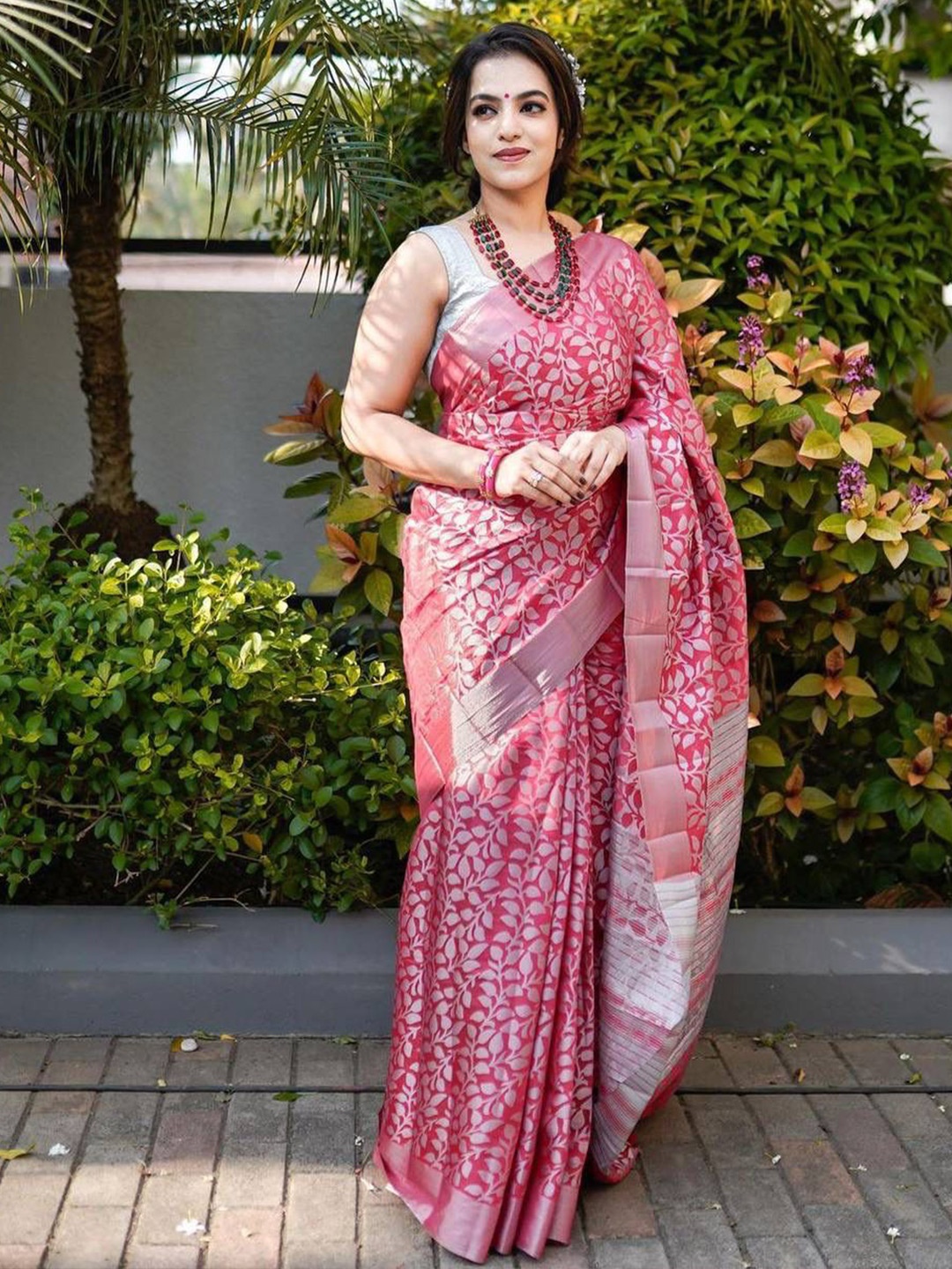 

Glorisa Ethnic Motifs Zari Woven Design Pure Silk Tussar Saree, Pink