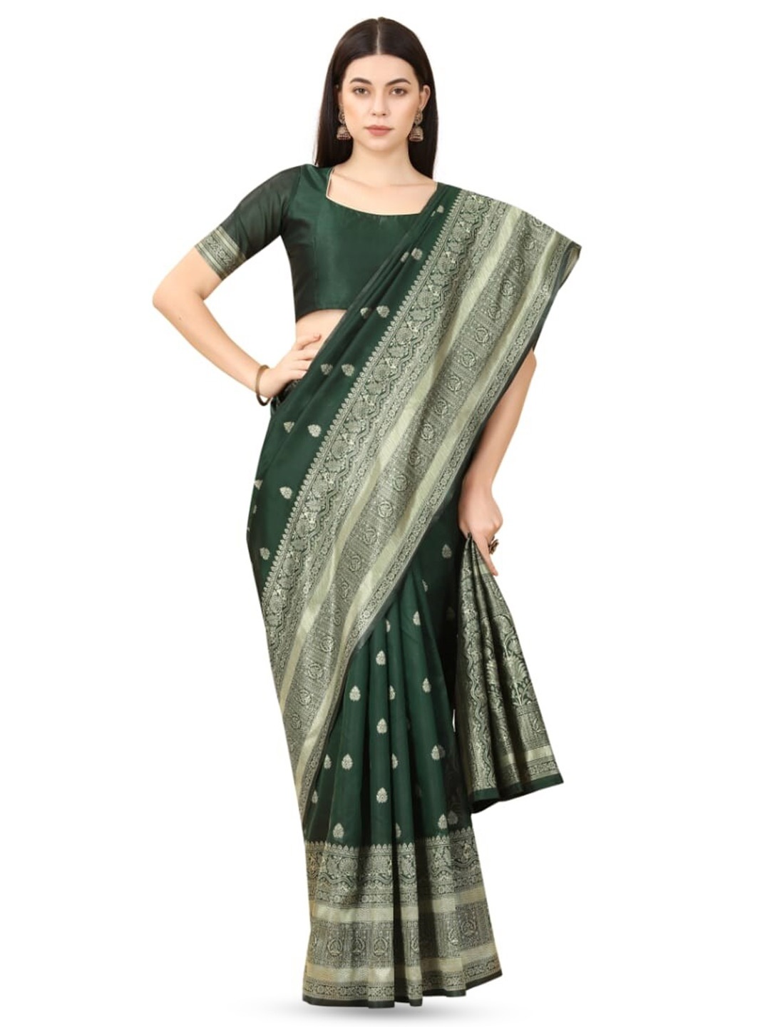 

Glorisa Ethnic Motifs Woven Design Zari Pure Silk Kanjeevaram Saree, Green