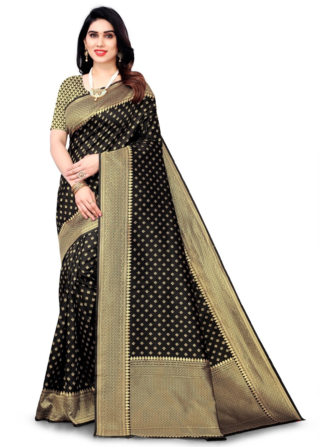 

Glorisa Ethnic Motifs Woven Design Zari Pure Silk Kanjeevaram Saree, Black