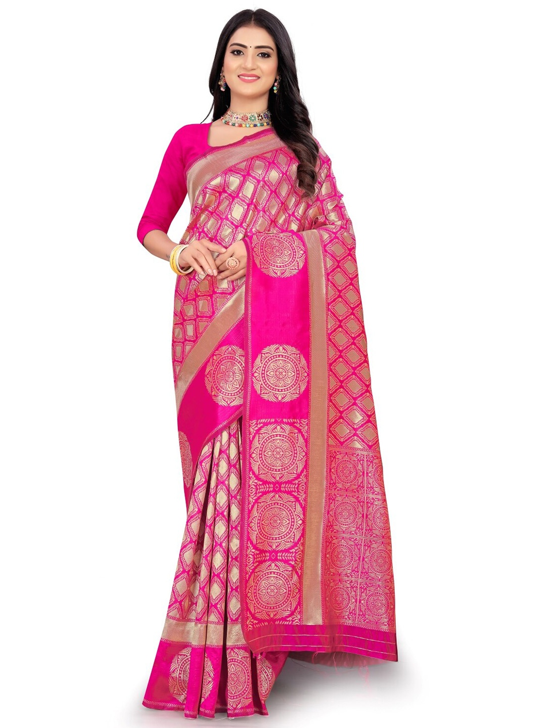 

Glorisa Woven Design Zari Pure Silk Paithani Saree, Pink