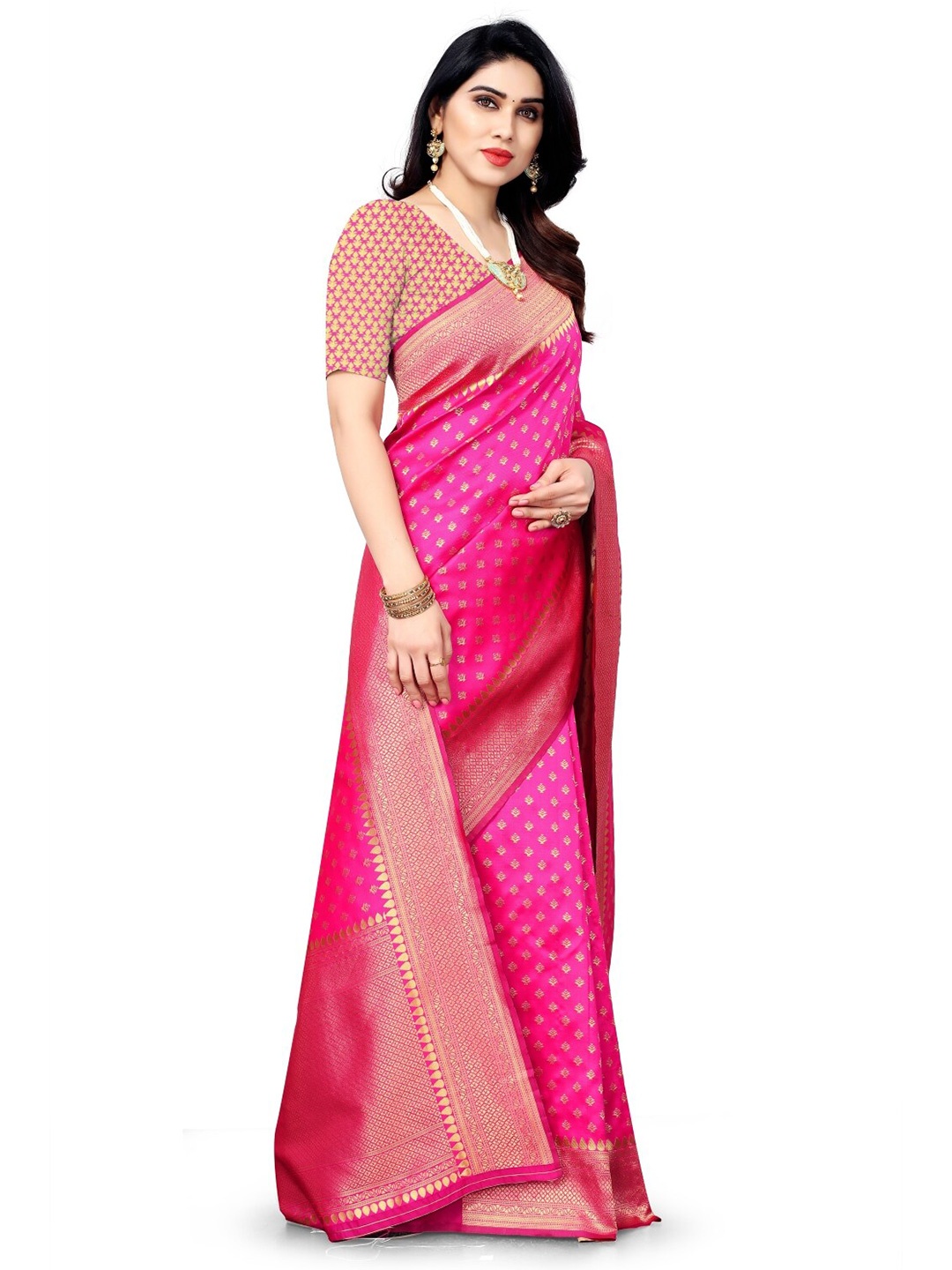 

Glorisa Ethnic Motifs Woven Design Zari Pure Silk Kanjeevaram Saree, Pink
