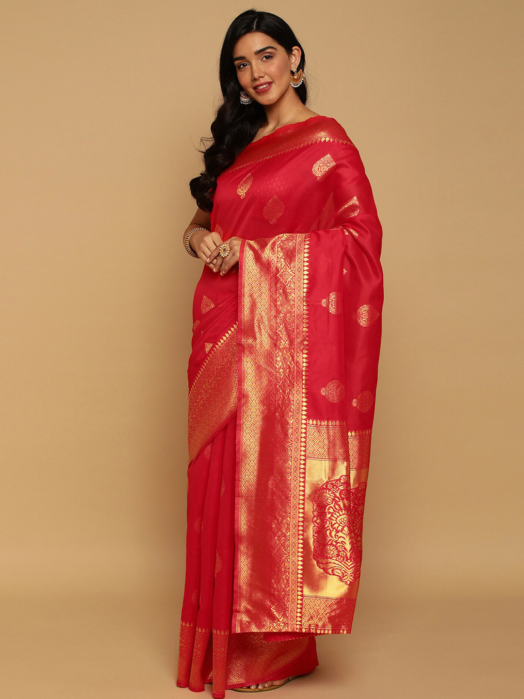 

Glorisa Ethnic Motifs Woven Design Zari Pure Silk Kanjeevaram Saree, Red