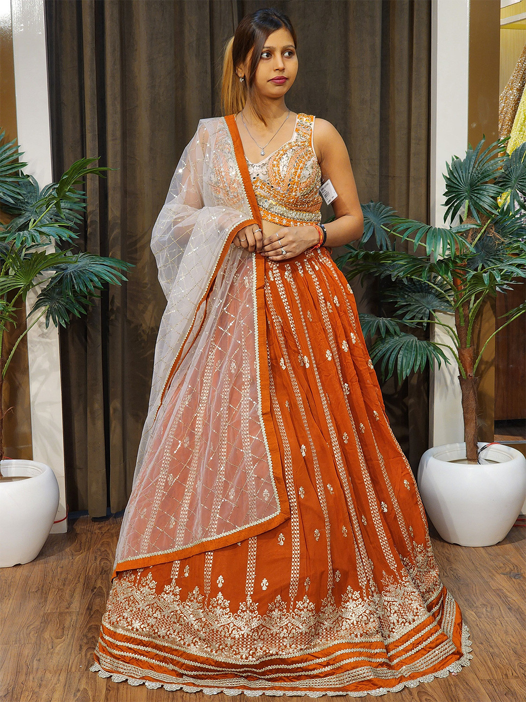 

Durga clothing Embroidered Sequinned Ready to Wear Lehenga & Blouse With Dupatta, Orange