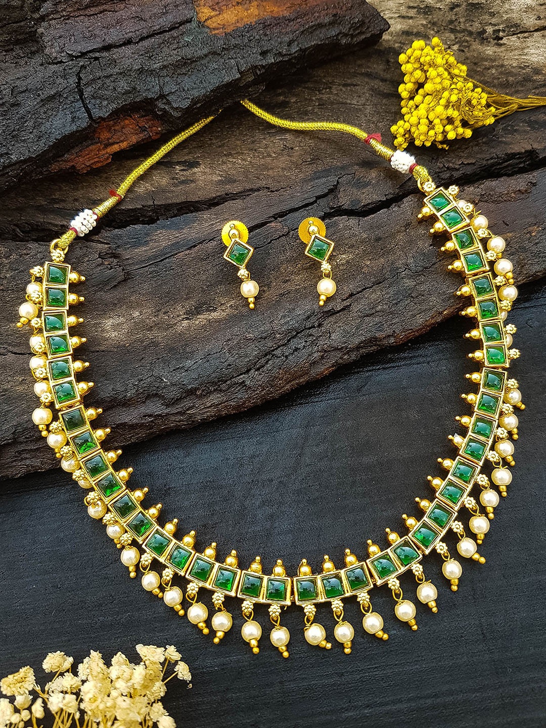 

GRIIHAM Gold-Plated American Diamond Studded & Beaded Necklace & Earrings