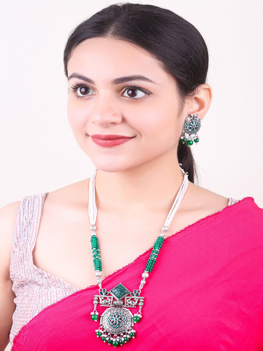 

GRIIHAM Silver Plated AD Studded & Beaded Jewellery Set