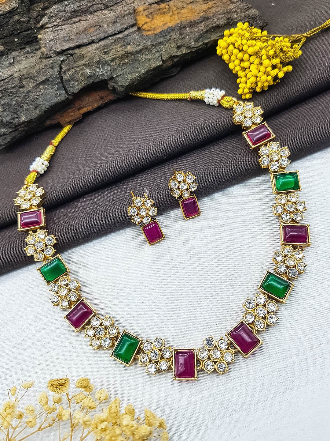 

GRIIHAM Gold Plated American Diamond Studded Floral Pattern Jewellery Set