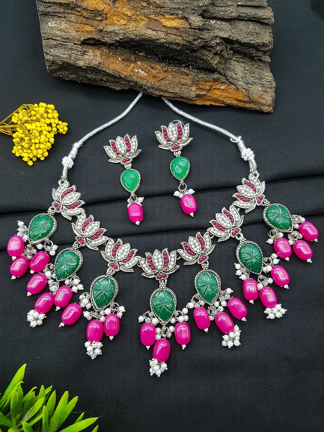 

GRIIHAM Silver-Plated American Diamond Studded & Beads Beaded Jewellery Set