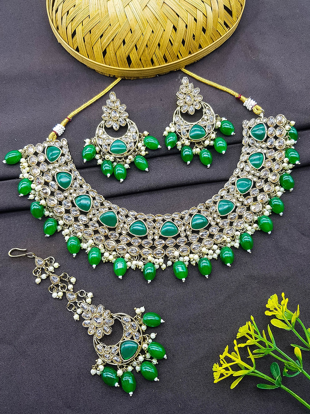 

GRIIHAM Gold-Plated CZ Stone-Studded & Beaded Jewellery Set