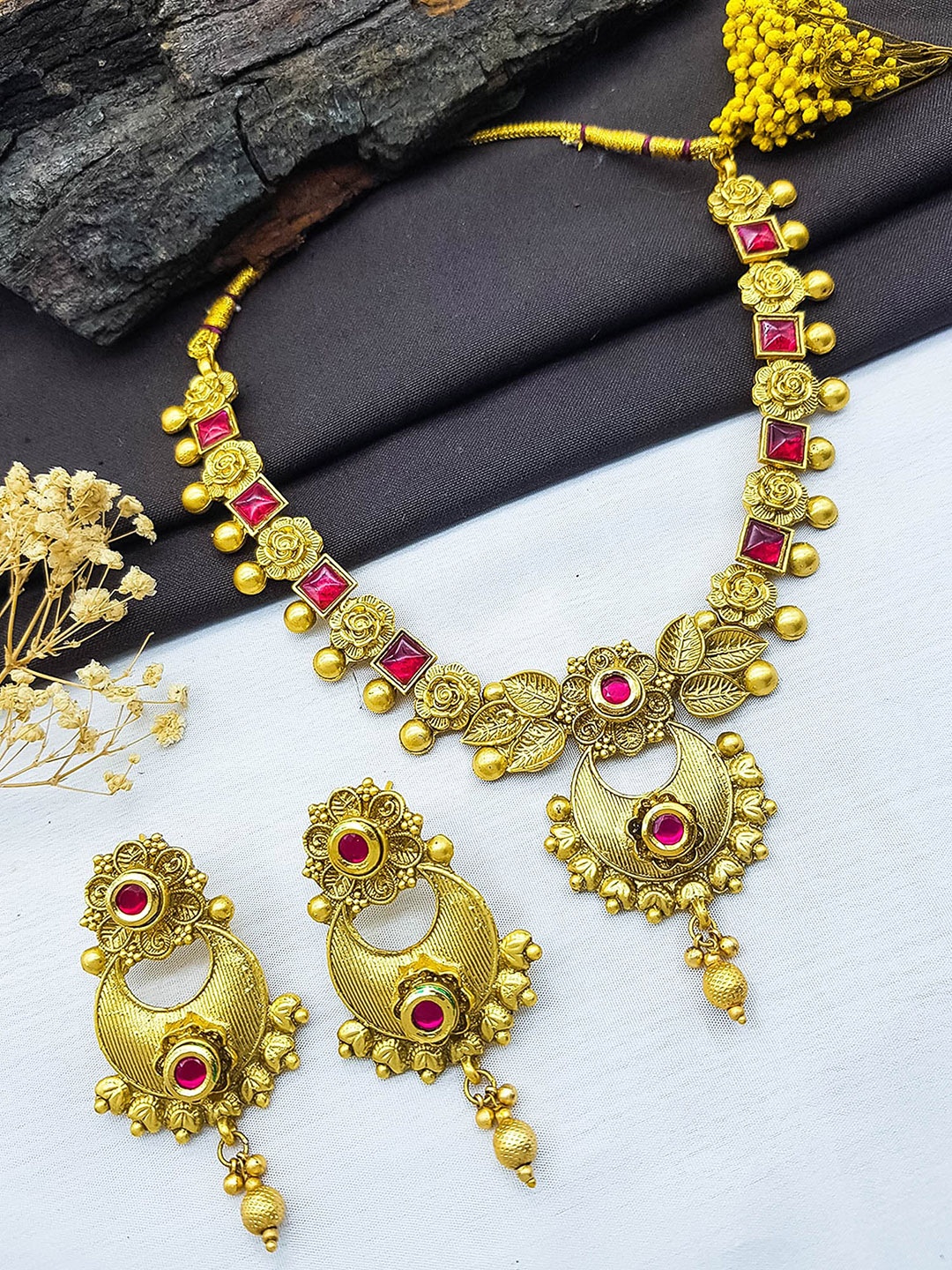 

GRIIHAM Gold Plated AD Studded & Beaded Jewellery Set