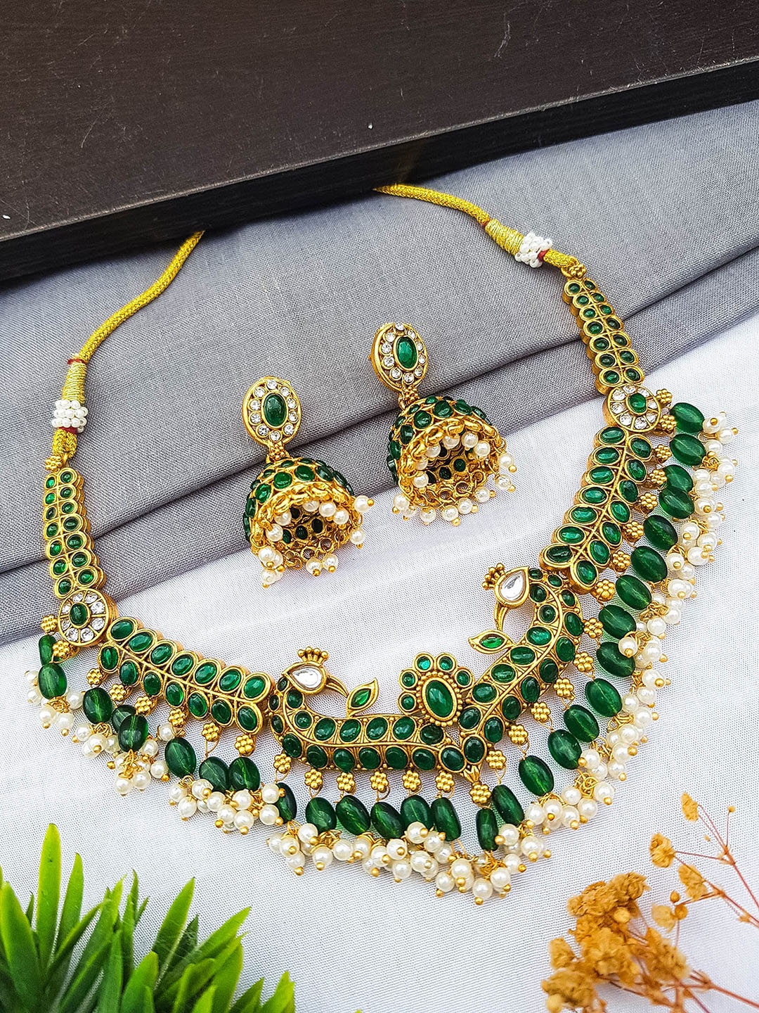 

GRIIHAM Gold Plated Stone Studded & Beaded Jewellery Set