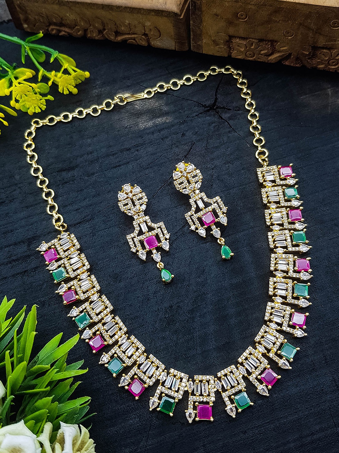 

GRIIHAM Gold-Plated Cubic Zirconia Studded Necklace & Earrings