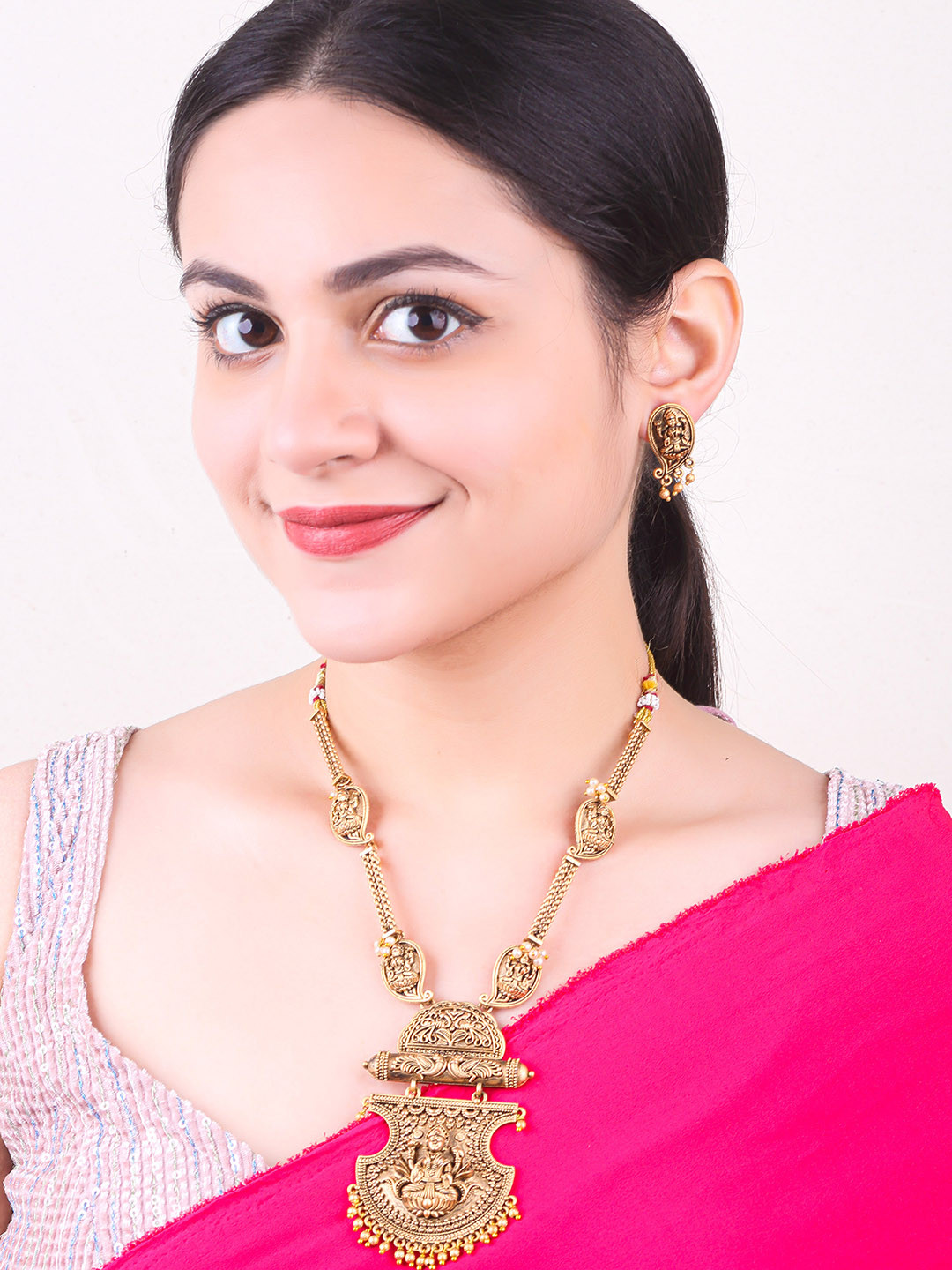 

GRIIHAM Gold Plated Artificial Beads Beaded Goddess Lakshmi Temple Necklace & Earrings