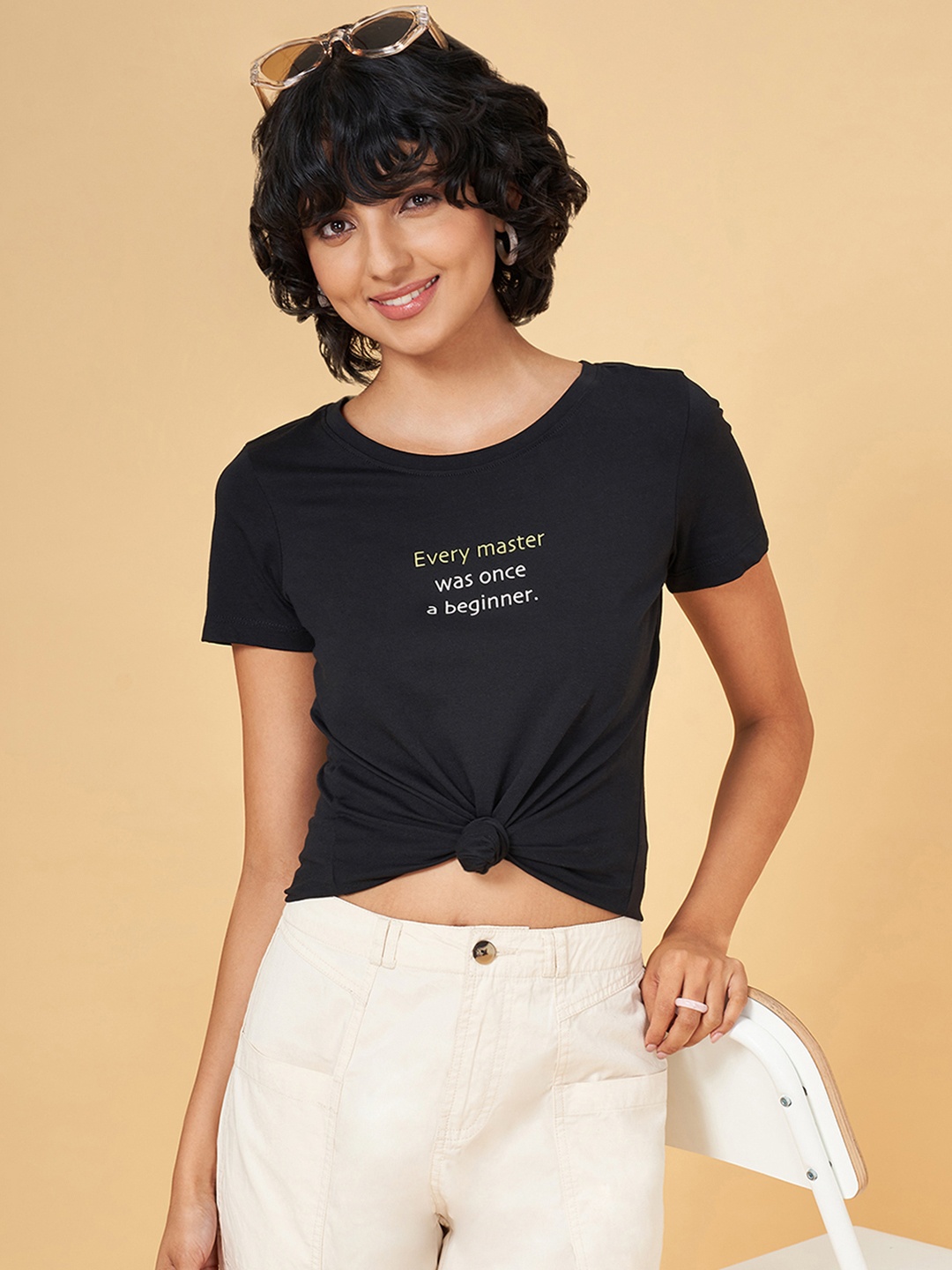 

Honey by Pantaloons Typography Round Neck Regular Sleeves T-shirt, Black