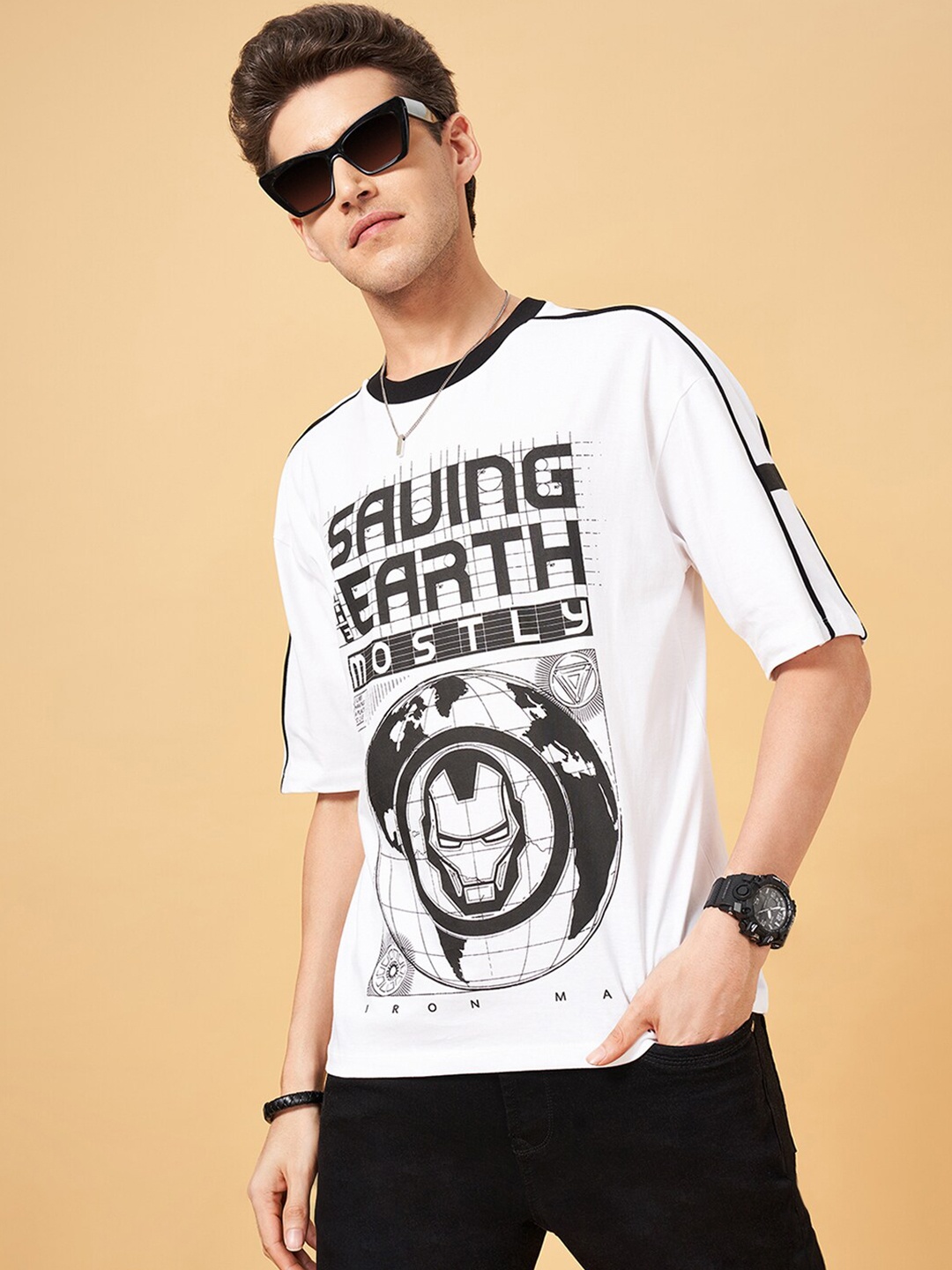 

SF JEANS by Pantaloons Typography Printed Oversized Cotton T-shirt, Off white