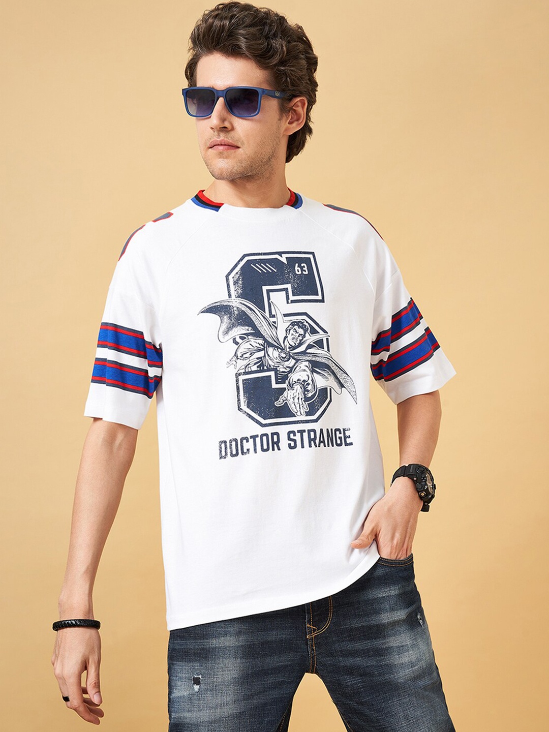 

SF JEANS by Pantaloons Typography Printed Oversized Cotton T-shirt, Off white