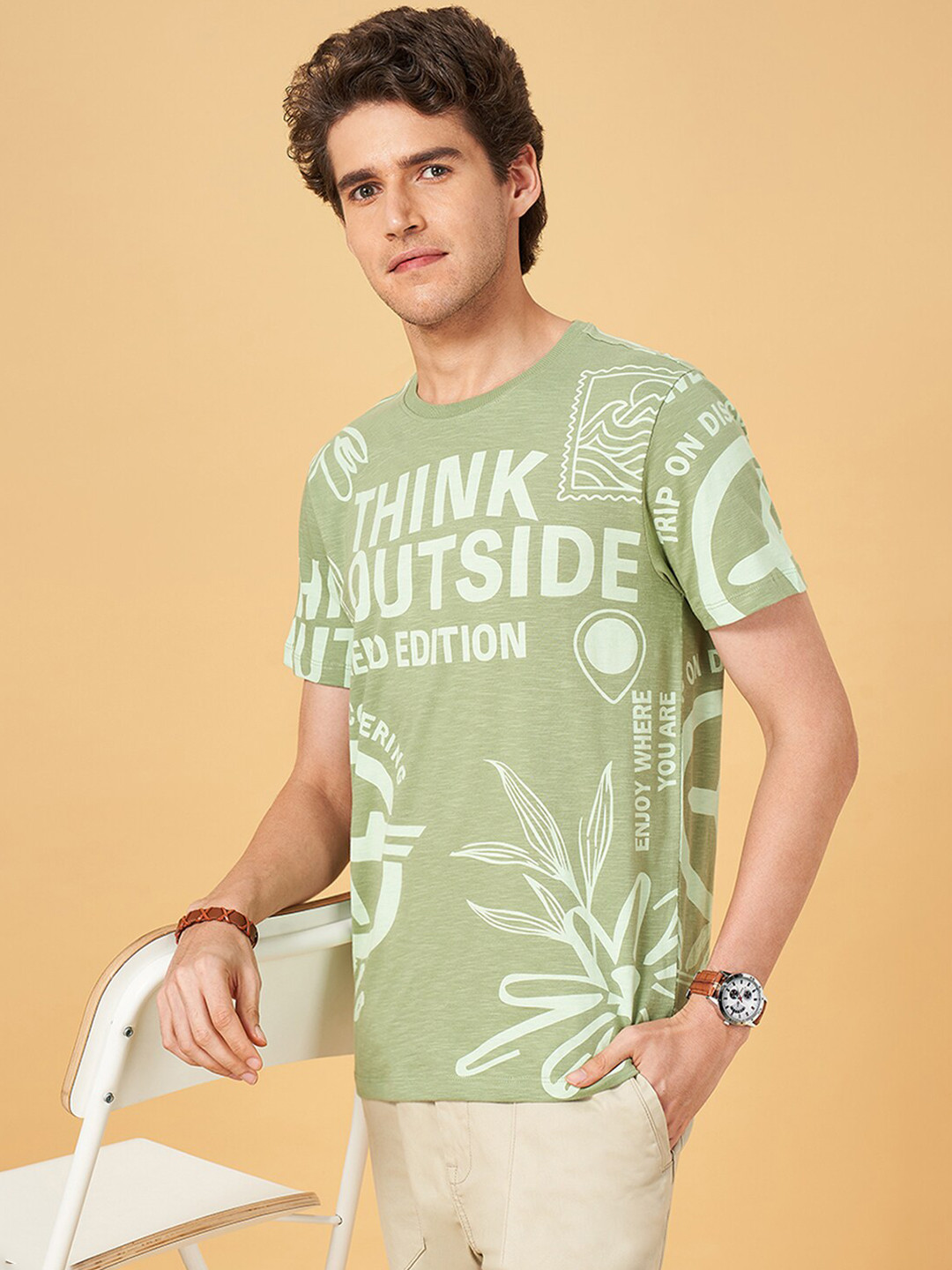 

Urban Ranger by pantaloons Typography Printed Slim Fit T-shirt, Olive