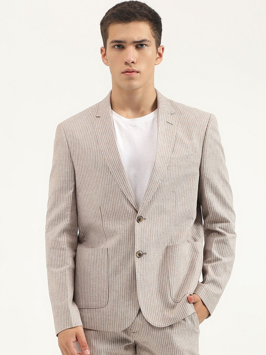 

United Colors of Benetton Slim Fit Striped Cotton Linen Single Breasted Blazer, Beige