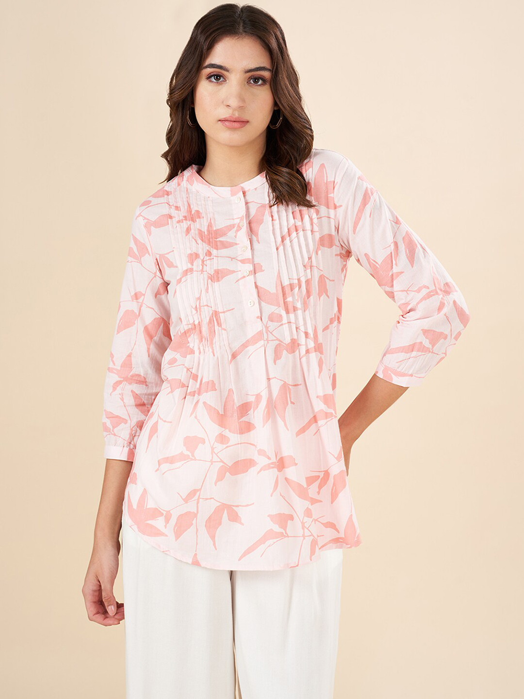 

AKKRITI BY PANTALOONS Floral Printed Mandarin Collar Cotton Tunic, Pink
