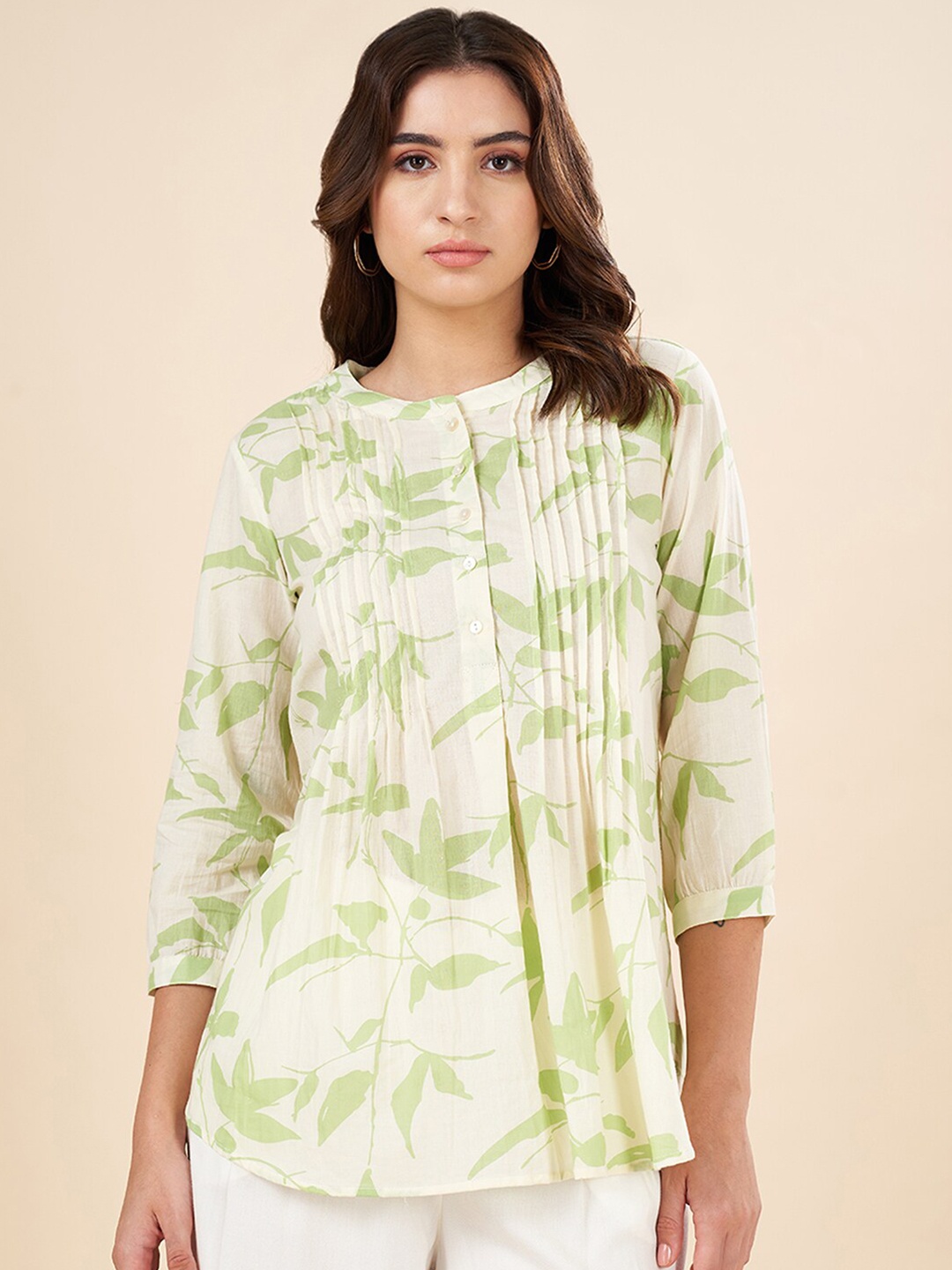 

AKKRITI BY PANTALOONS Tropical Printed Mandarin Collar Tunic, Olive