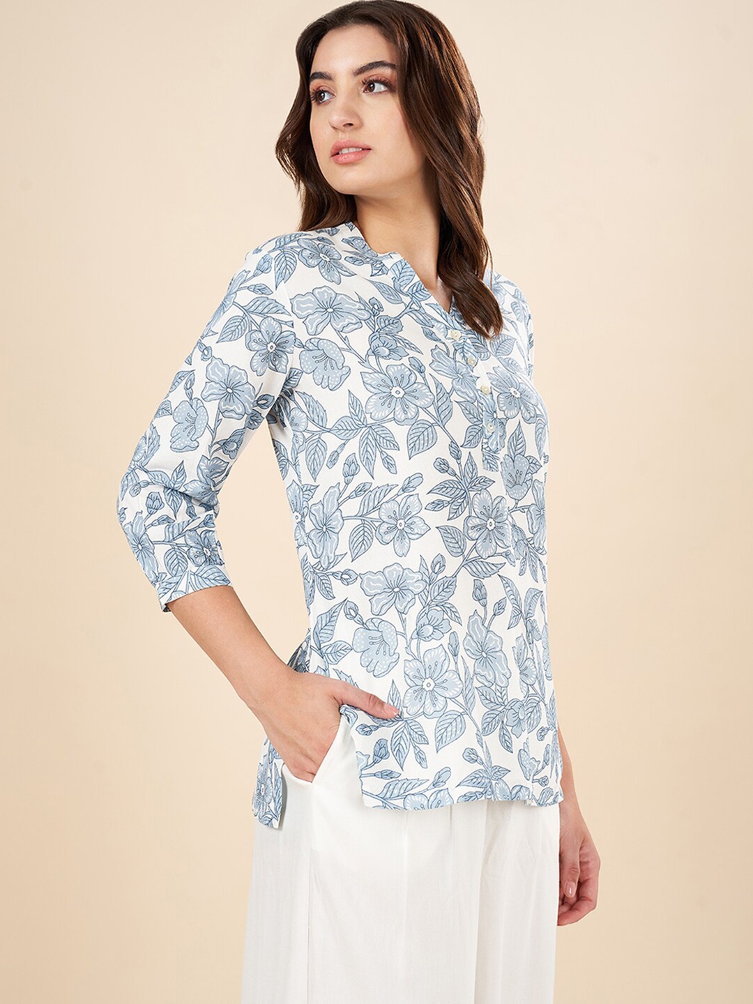 

AKKRITI BY PANTALOONS Floral Printed Mandarin Collar Tunic, Blue