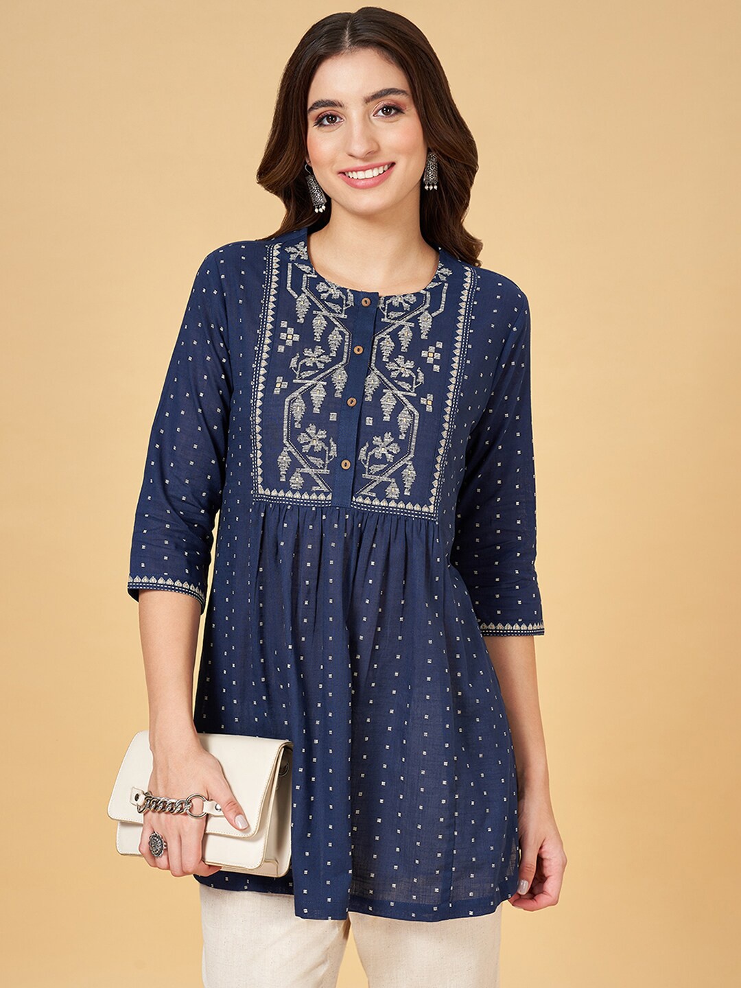 

RANGMANCH BY PANTALOONS Printed Pure Cotton Tunic, Navy blue