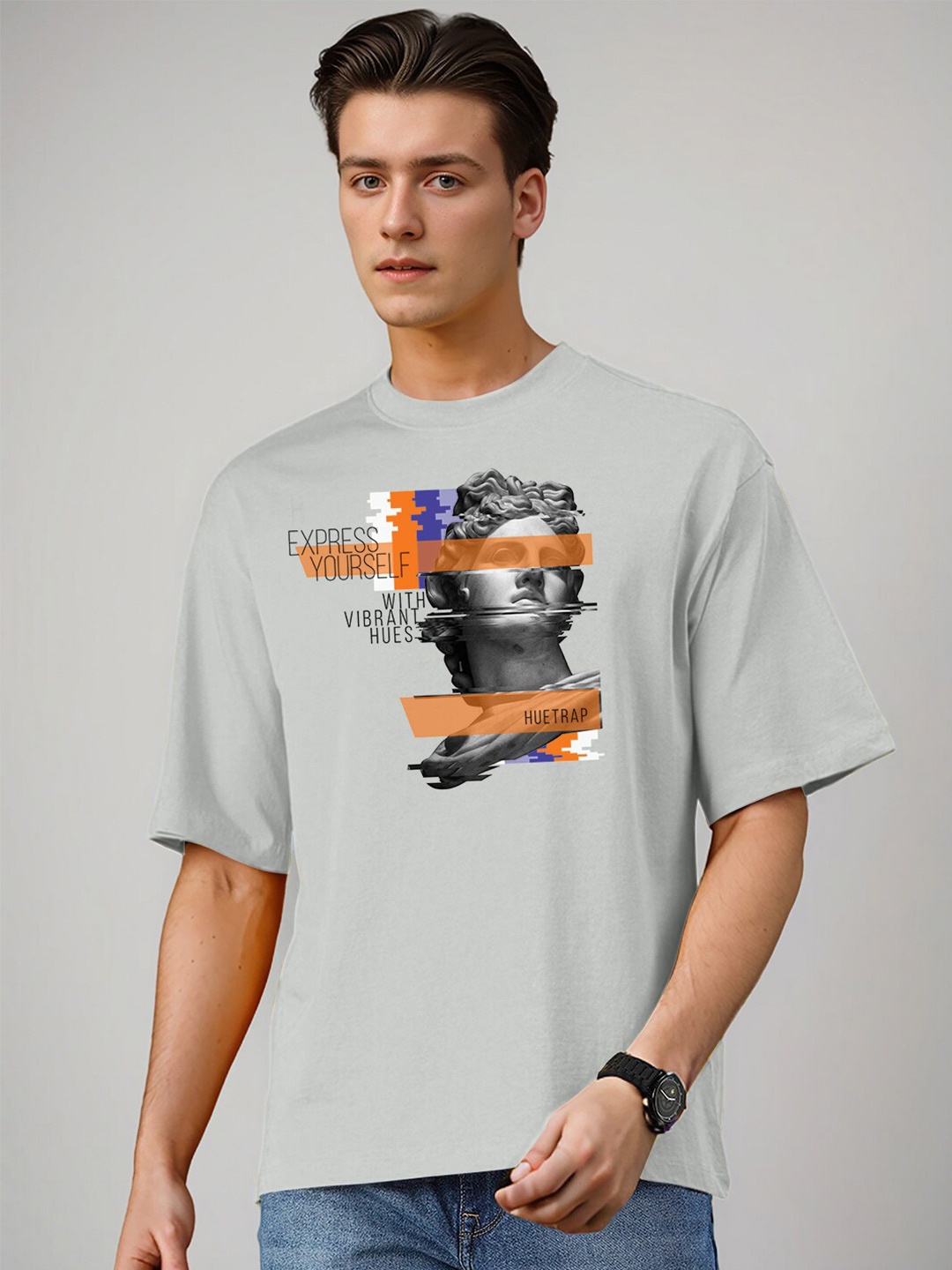 

Huetrap Typography Printed Round Neck Relaxed Fit Cotton T-shirt, Grey