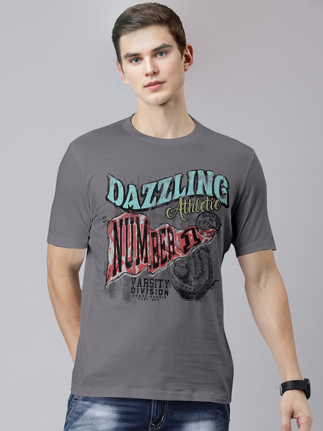 Huetrap Typography Printed Round Neck Cotton T-shirt, Charcoal