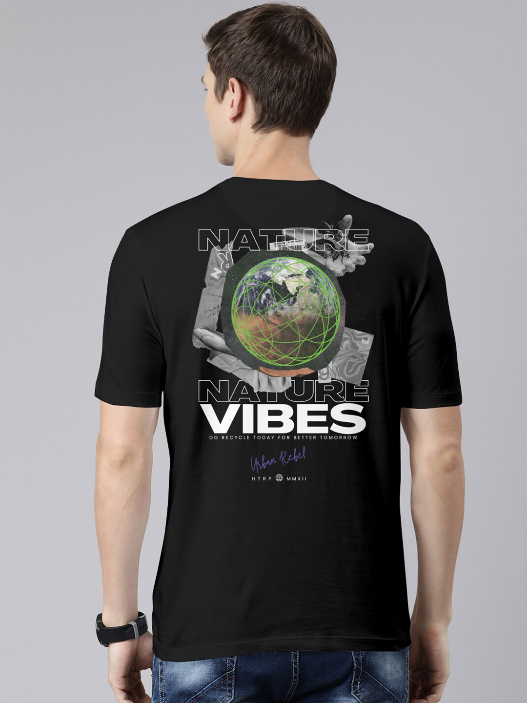 

Huetrap Round Neck Typography Printed Cotton T-shirt, Black