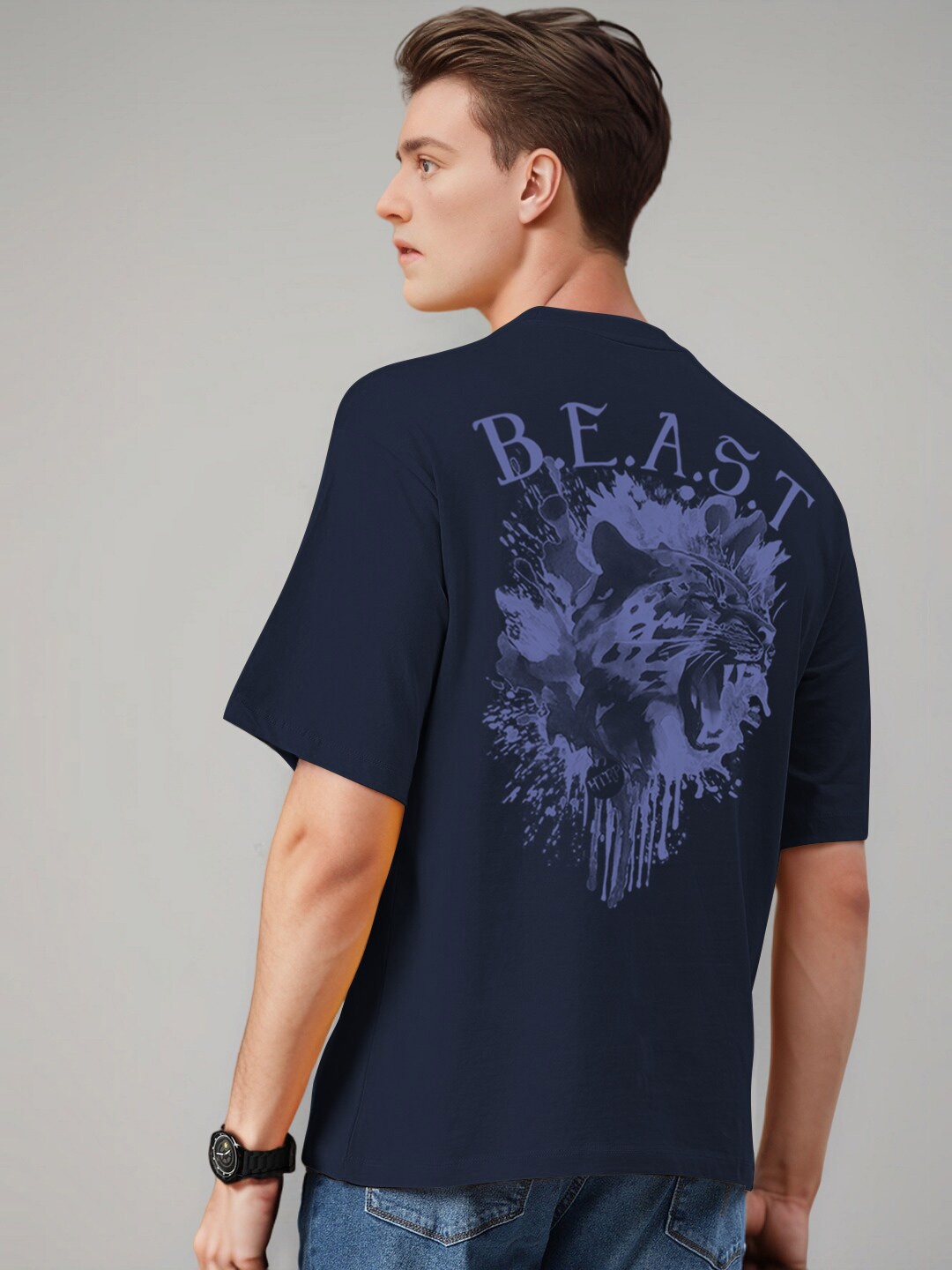 

Huetrap Round Neck Short Sleeves Printed Cotton T-shirt, Navy blue