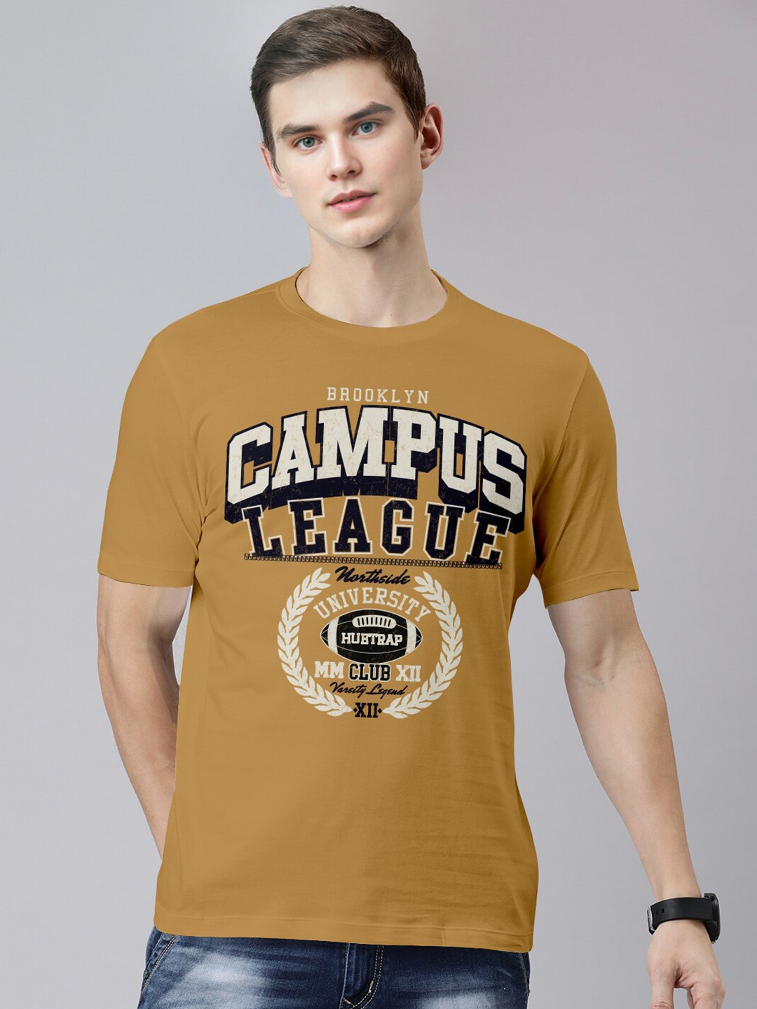 

Huetrap Round Neck Typography Printed Cotton T-shirt, Brown