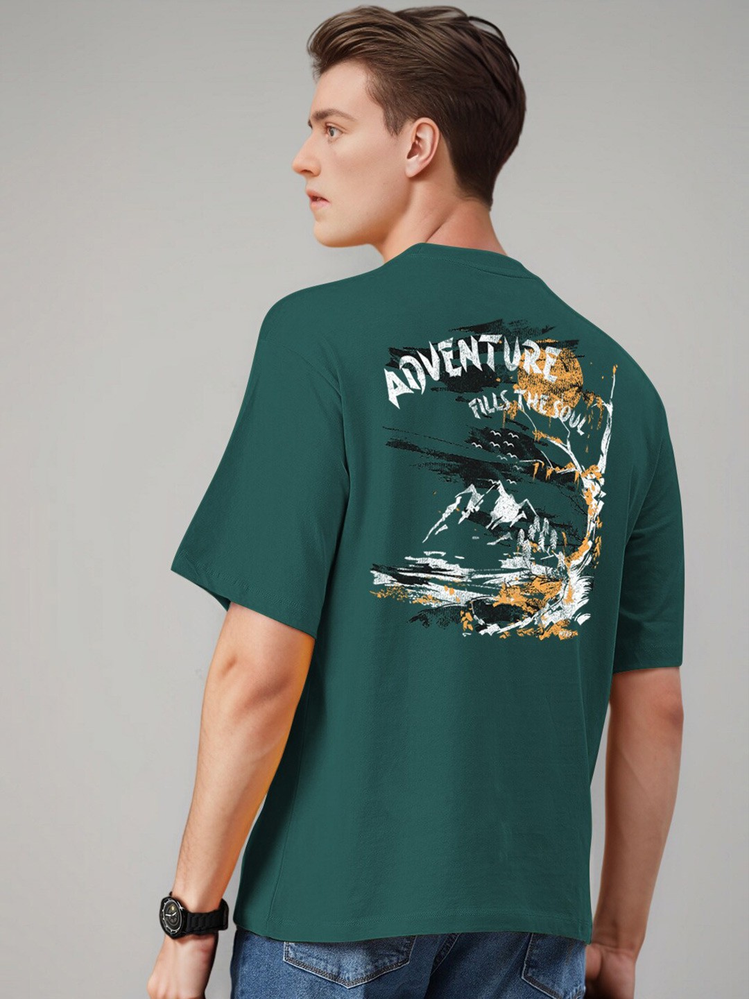 

Huetrap Typography Printed Drop-Shoulder Sleeves Cotton T-shirt, Teal
