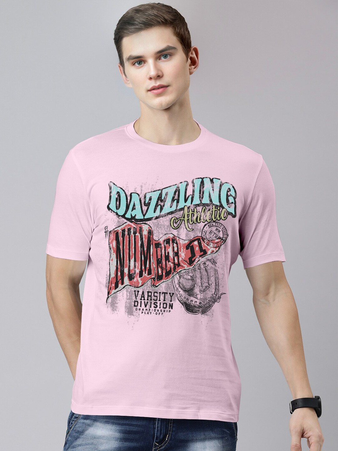 

Huetrap Round Neck Printed Cotton T-shirt, Pink