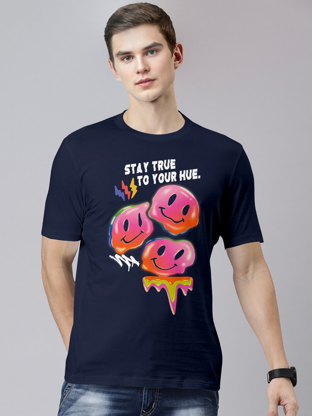 

Huetrap Graphic Printed Cotton T-shirt, Navy blue