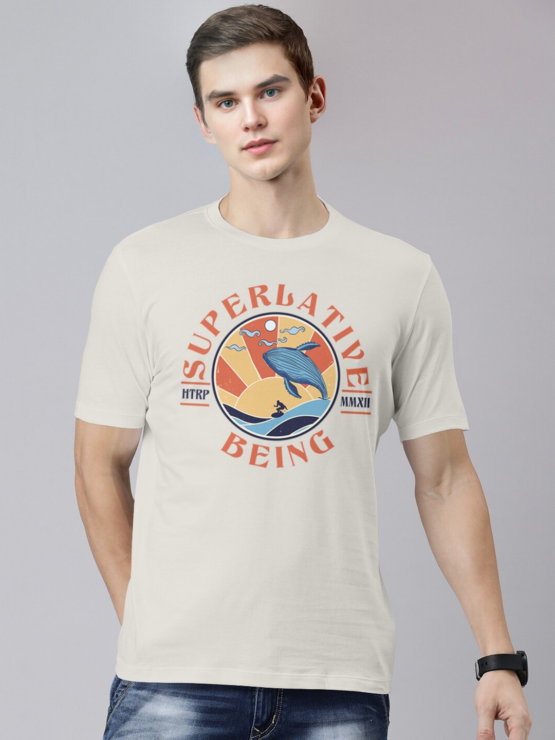 

Huetrap Round Neck Typography Printed Cotton T-shirt, Off white