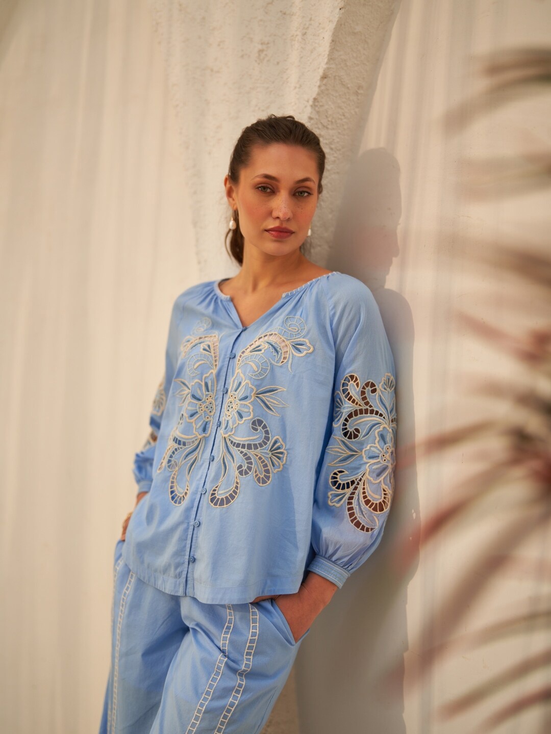 

Style Island Floral Embroidered Cuffed Sleeves Cotton Schiffli Top, Blue